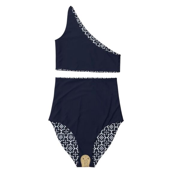 Baiia Two Piece Bikini Womens 12 White Navy One Shoulder Reversible High Waist - Picture 3 of 12